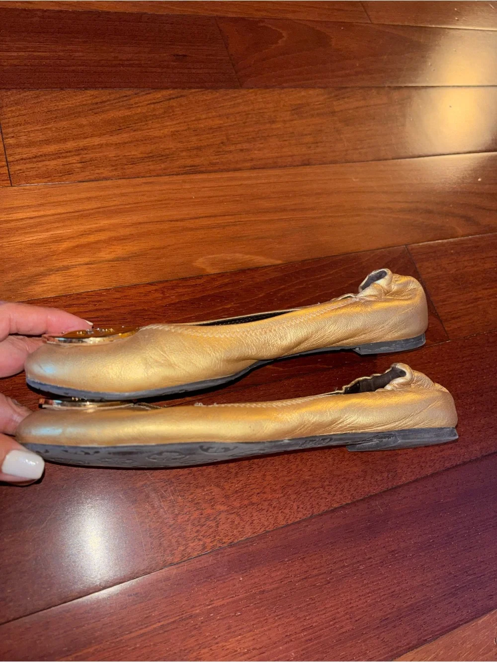 Tory Burch Metallic Gold Leather Logo Ballet Flats